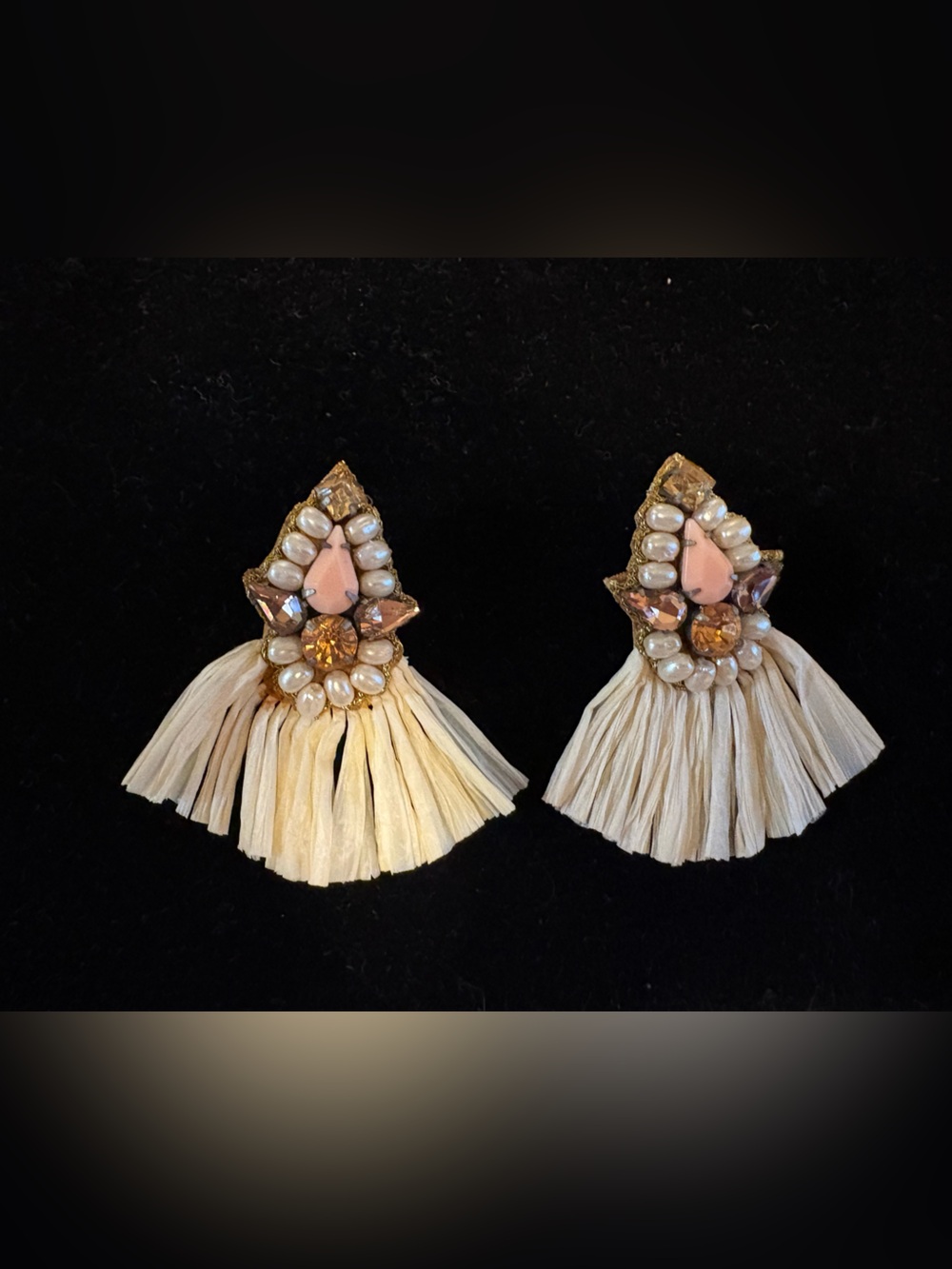 Unique Pearl and Rhinestone with Straw Fringe Statement Earrings (Pierced)